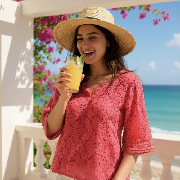 Laundry by Shelli Segal Crochet Lace Tunic M – Coral Sheer ¾ Sleeve Boho Chic - Picture 1 of 14